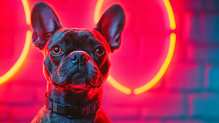 Aufkleber - Playful dog captured in a vibrant cyberpunk setting showcasing a unique blend of pet and futuristic aesthetic