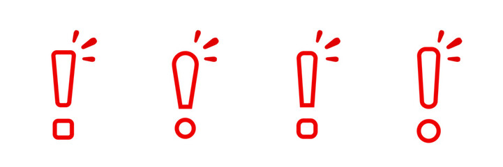 Poster - four simple red exclamation marks stand in a row, each with comic-style emphasis lines.