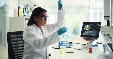 Poster - Chemical, syringe and scientist with glass beaker in laboratory for solvent experiment, research or test. Discovery, professional and woman biologist with liquid for chemistry innovation with formula