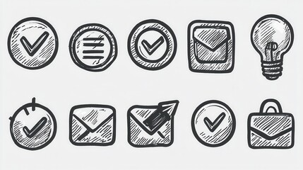 Collection of 15 hand drawn checkmark cross and other decision making symbols and icons for user interface web design mobile app and digital product development