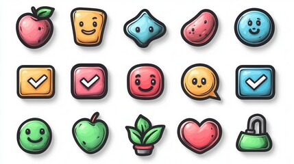 Poster - Collection of 15 editable stroke icons in a playful and minimalist style featuring various symbols such as apple toast smiley star heart check circle emoticon leaf plant and bag