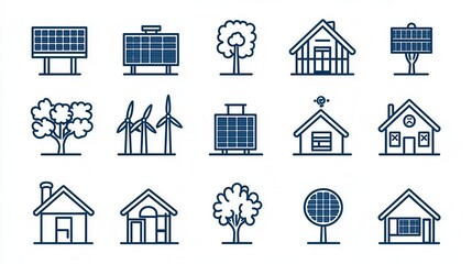 Poster - comprehensive collection of 15 solar energy related outline icons that symbolize various renewable a