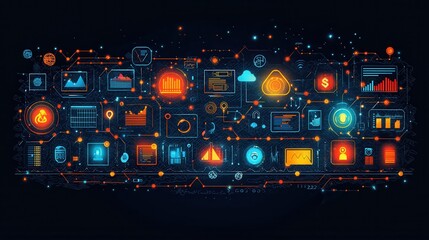 Poster - Digital Transformation Growth Concept Illustrated with 15 Outline Icons Representing Key Elements of Technology Business and Innovation Such as Data Analytics Automation Cloud Networking