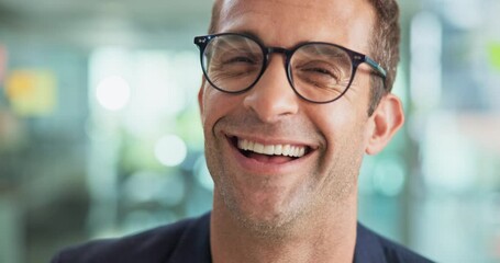 Fototapete - Laughing, glasses and face of businessman in office with confidence for startup creative agency. Happy, closeup and portrait of male magazine editor from New York with pride for career in workplace.