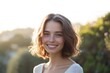 © Mina37 - Generative AI portrait beautiful woman smiling white teeth golden hour sunlight outdoor background