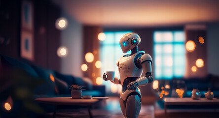 Aufkleber - A white robot holds a cup in a cozy living room with bokeh lights. The scene suggests a future where technology integrates seamlessly into home life.