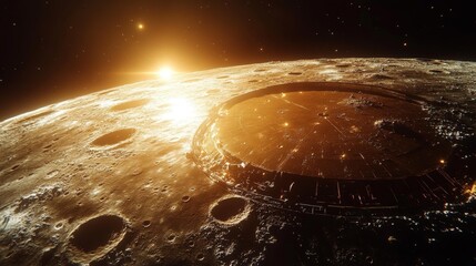 Wall Mural - Futuristic Moon Base with Solar Panels Against Sunrise. Generative AI