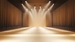 © Tetyana - Empty fashion show runway with a minimalist beige backdrop and bright lights illuminating the space, awaiting the arrival of models and designers