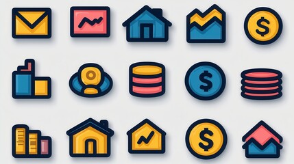 Poster - A set of 15 minimalist outline icons representing various financial concepts banking services and investment related elements  The icons include symbols for market homereal estate savings and more