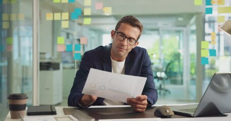Aufkleber - Documents, review and writing with business man at desk in office for approval or proposal. Paper, proofreading and signature with person in workplace for agreement, compliance or project management