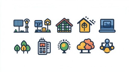 Poster - comprehensive collection of outline icons representing various renewable energy sources and sustaina