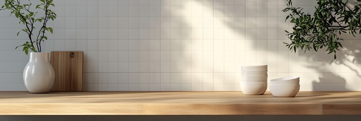 Poster - Kitchen counter with a vase, a wooden cutting board.