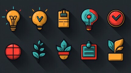 Poster - Set of 15 minimal outline icons representing the concepts of decision making innovation and growth  These simple yet powerful symbols depict ideas strategy planning solutions potential and progress