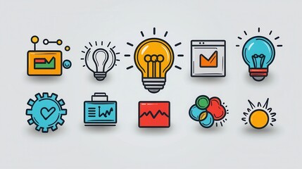 Poster - Set of 15 outline icons representing various startup and entrepreneurship concepts including strategy innovation idea planning success finance marketing analysis and more  Ideal for web design