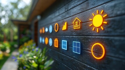 Poster - set of 15 simple outline icons depicting various symbols and elements related to solar energy renewa
