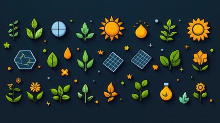 Poster - set of 15 outline icons representing various elements of solar energy renewable resources and eco fr