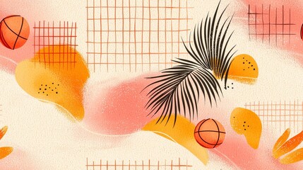 Poster - Abstract Shapes with Palm Leaves and Basketballs in Warm Tones for Creative Background Design