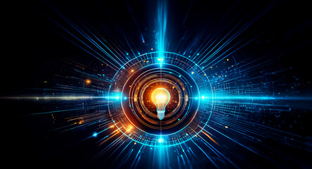 Aufkleber - A bright light bulb at the center emits blue and orange beams in a circular pattern, symbolizing energy and innovation on a dark background in an abstract design.