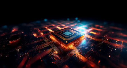 Aufkleber - Glowing microchip on a circuit board, symbolizing technology and data processing. Orange and blue lights illuminate the intricate electronic components against a dark backdrop, highlighting digital in