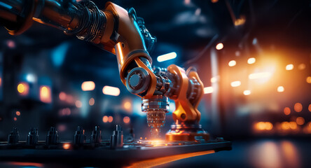 Aufkleber - Description:
An orange robotic arm precisely works in a blurred factory setting, showcasing industrial automation, highlighting machinery and modern technology.

Keywords: