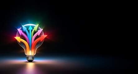 Poster - A glowing lightbulb emits vibrant arrows pointing upwards, symbolizing bright ideas and creative solutions emerging from a central point against a dark background.