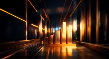 Poster - Golden bars ascend in perspective, bathed in orange light, evoking growth and advancement in a modern, abstract, and futuristic scene.