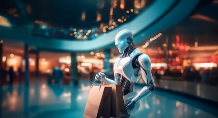 Aufkleber - Futuristic robot shops in a bright mall, carrying bags. White metallic android with blue glowing eyes. Blurred shoppers in background.