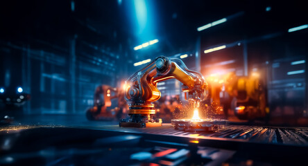 Aufkleber - Factory with robotic arms performing automated tasks, sparks are generated in this industrial scene.