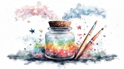 Poster - Mesmerizing digital watercolor painting featuring a vibrant fantasy landscape with shimmering stars iridescent glitter and a whimsical dreamlike atmosphere