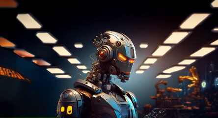 Aufkleber - A metallic robot with glowing eyes stands in a dimly lit, futuristic environment with geometric lighting. The robotic figure is composed of mechanical parts and conveys advanced technology.