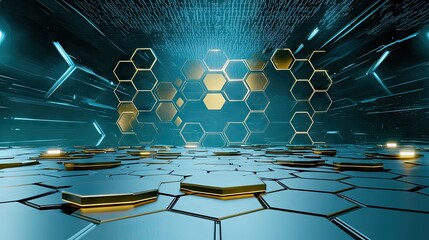 Poster - blue-lit hexagonal pattern floating over a white background, with a high-tech digital aesthetic.