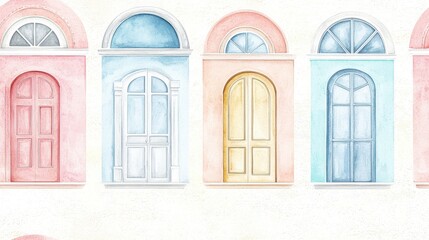 Poster - Colorful Arched Windows with Soft Watercolor Textures in Pastel Shades for Artistic Backgrounds and Designs