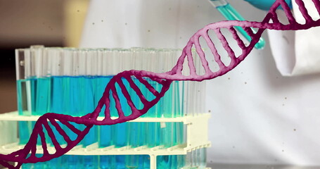 Poster - Image of dna strand and scientific data processing over male scientist in laboratory