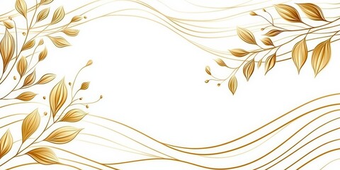 Poster - Elegant Golden Lines with Leaf Accents on White Background for Minimalist Design and Art Applications, A golden line waves  Japanese
