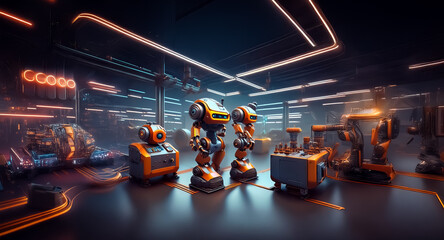 Aufkleber - Futuristic factory floor with orange robots and automated machinery.  A dimly lit, industrial setting featuring glowing orange accents.