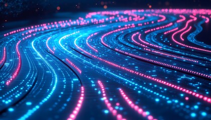 Poster - Abstract Data Stream Flowing Waves of Bright Pink and Blue Digital Information, Vector Graphic
