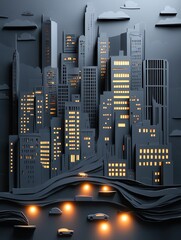 Poster - Layered paper art showcases a modern city skyline with glowing windows and cars in a minimalist urban design at night