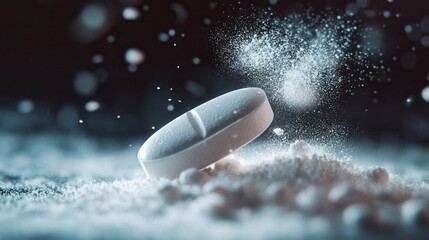 Poster - Macro shot of a half opened pill with fine powder spilling out in a cinematic frame with soft blur for dramatic effect