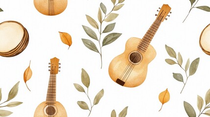 Poster - Pattern of Musical Instruments and Nature Elements with Guitars and Leaves on a White Background