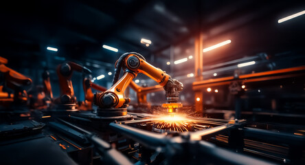 Aufkleber - A factory interior shows orange robotic arms working on a metal production line. Sparks fly as the automated machinery welds and manufactures in a dark industrial setting.