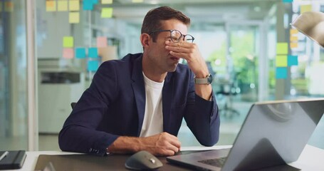 Aufkleber - Glasses, headache and businessman in office with eye strain, brain fog or vertigo in morning. Laptop, fatigue and creative magazine editor with stress tension migraine for deadline with exhaustion.