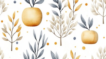 Poster - Watercolor Botanical Pattern with Leaves and Circular Elements in Soft Pastel Tones