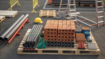 Poster - Construction materials carefully arranged on wooden pallet, showcasing organized building supplies ready for upcoming construction project at industrial site