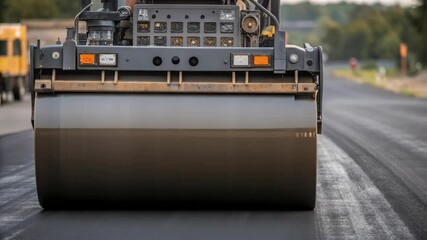 Aufkleber - Road roller compacting fresh asphalt, smoothing surface during highway construction, heavy machinery performing critical infrastructure maintenance and development work