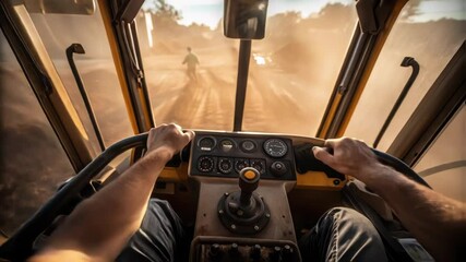 Poster - construction worker guiding heavy grader across dusty rural road during golden sunset, creating hazy