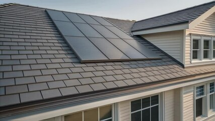 Aufkleber - Sunlight reflecting on newly installed solar panels integrated into existing roof tiles on a suburban home represents sustainable energy and energy independence
