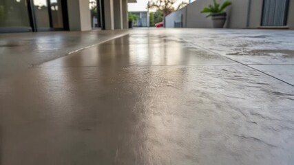 Aufkleber - Sunlight gradually illuminating wet patio tiles, revealing sleek surface texture, highlighting contemporary exterior design with elegant gray stone flooring