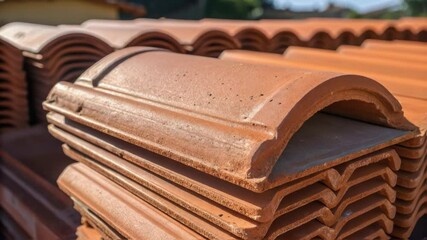 Poster - Multiple stacks of terracotta roof tiles sit ready for installation on a construction site, showcasing their uniform shape and earthy color