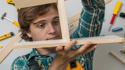 Poster - Skilled woodworker carefully examining wooden furniture components, aligning pieces with precision and crafting custom design in workshop setting