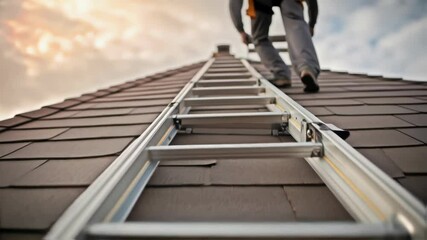 Poster - Construction worker wearing protective safety harness climbing metal ladder on tiled residential roof during bright sunny day with clear sky overhead